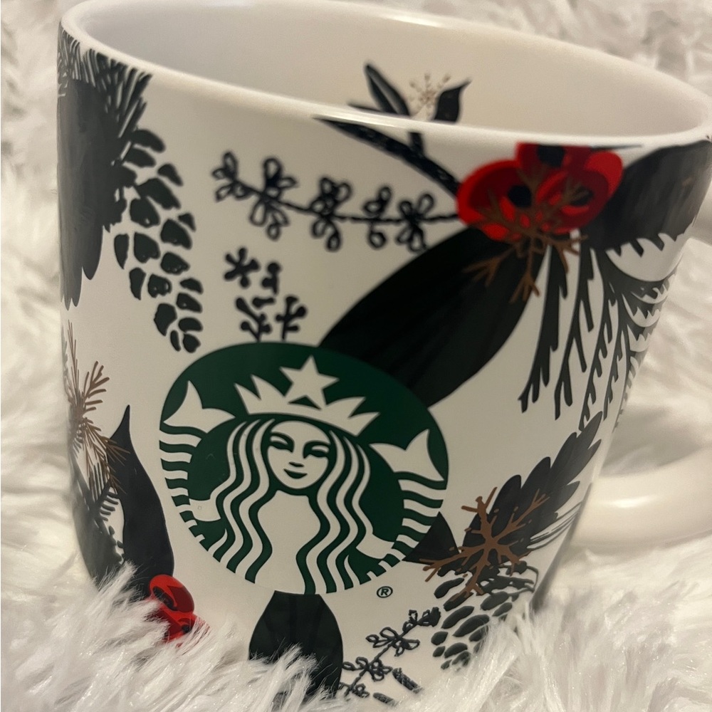 Starbucks White Mug with Floral Accents Holly Cup